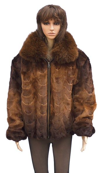 Winter Fur Ladies Mink Front Paws Jacket with Fox Collar, Dyed into Two shades of Whiskey W69S05WKT