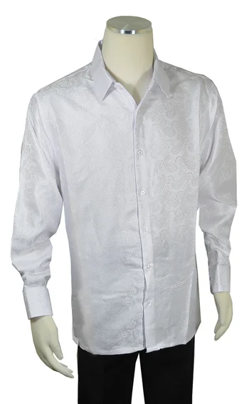 Bagazio White Paisley Embroidered Long Sleeve Satin Shirt BM1948