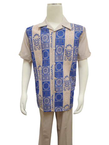 Pronti Beige / Royal Blue Embroidered / Lace Front Short Sleeve Outfit SP6566