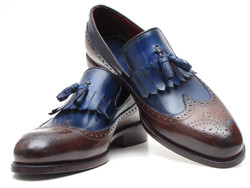 Paul Parkman KT44BN Dark Brown & Navy Genuine Calfskin With Kiltie Tassel Loafer Shoes