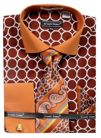 Avanti Uomo Brown Circle Pattern French Cuff 100% Cotton Shirt / Tie / Hanky Set With Free Cufflinks DN68M.