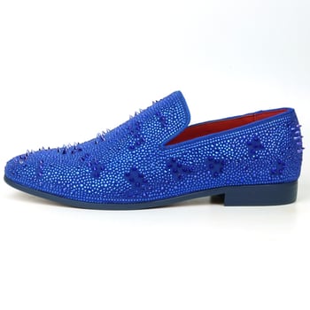 Fiesso Blue Suede Rhinestones Spikes Slip on Loafer FI7516.