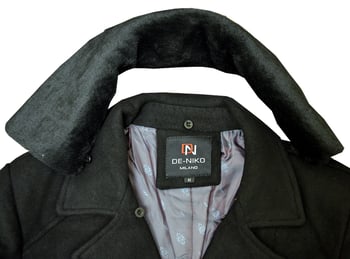 De-Niko Black Wool Blend Single Breasted Pea Coat / Removable Faux Fur Collar MW939