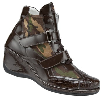 Mauri Ladies "Olimpia" 8572 Dark Brown / Camouflage Genuine Baby Crocodile Leather Patent Suede High Heel Sneakers.