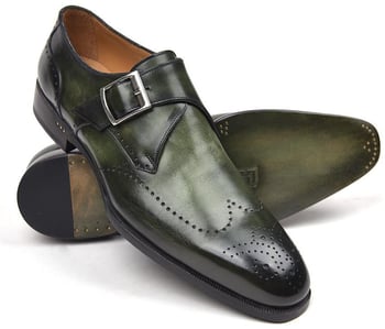 Paul Parkman ''98F54-GRN" Green Genuine Leather Monkstrap Wingtip Shoes.