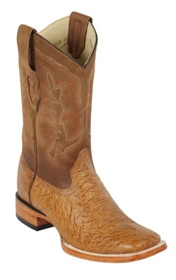 Los Altos Ambar Genuine Smooth Ostrich Leather Wide Square Toe Cowboy Boots 8279754