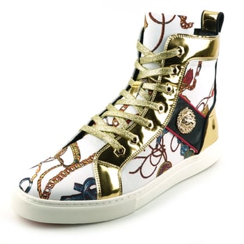 Fiesso White / Gold Metallic PU Leather / Greek Fabric High Top Sneakers FI2421