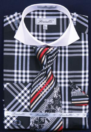 Fratello Black / White Checker Pattern Two Tone Shirt / Tie / Hanky Set With Free Cufflinks FRV4118P2