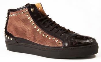 Mauri "8686" Brown Genuine Baby Crocodile / Calf / Fabric Diamond Metal Stud Lace-up Sneakers.