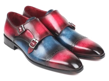 Paul Parkman ''045BFX81'' Blue & Fuxia Genuine Bordeaux leather  Captoe Double Monkstraps Shoes.