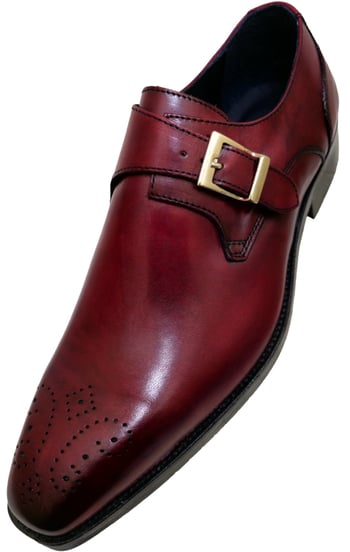 Duca "Henry" Burgundy Burnished Italian Calfskin Medallion Toe Monk Strap Shoes