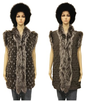 A mannequin wearing the Women's Grey Reversible Parka with Removable Fox Fur Trim, Style GO8