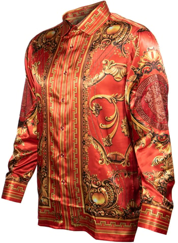 Prestige Red Orange / Gold Crystal Studded / Satin Medusa Design Shirt PR-494