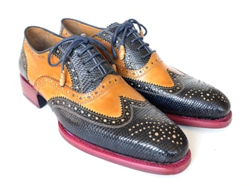 Paul Parkman ''66IG57'' Navy/Purple and black Genuine Iguana & Leather Wingtip Oxfords Shoes.