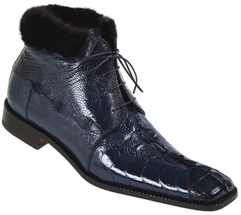 Mauri "Vail" 4409 Wonder Blue Genuine Hornback Crocodile Tail / Ostrich Leg With Black Mink Fur Lining Boots