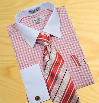 Daniel Ellissa  Brick Red / White Windowpanes Shirt / Tie / Hanky Set With Free Cuff links DS3762P2