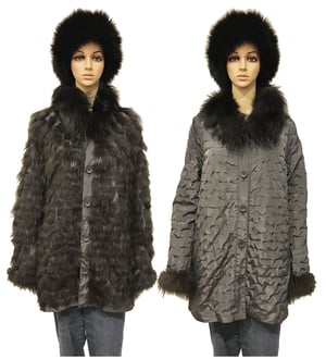A mannequin wearing Winter Fur Ladies Grey Reversible Parka with Removable Fox Fur G07