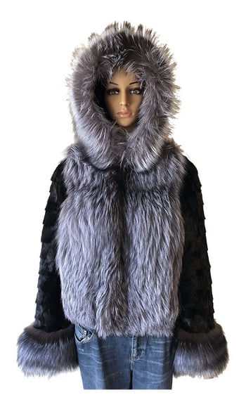 Winter Fur Ladies Black Genuine Mink With Hood And Silver Fox W49S02BK.