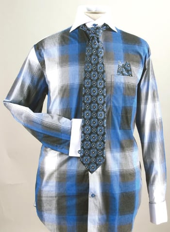 Fratello Royal Blue Checker Pattern Two Tone 100% Cotton Dress Shirt / Tie / Hanky Set With Free Cufflinks FRV4119P2