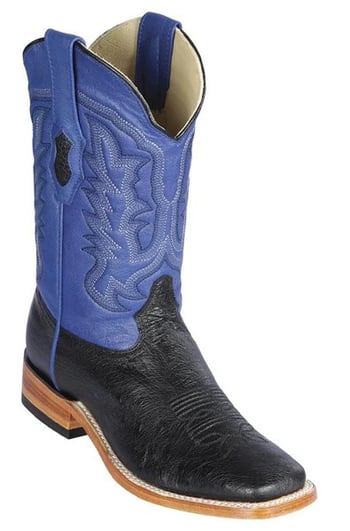 Los Altos  Black / Blue Genuine Smooth Ostrich Leather Wide Square Toe Cowboy Boots 8279705A