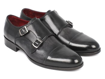 Paul Parkman ''0457-GRY'' Black / Grey Genuine Calfskin  Double Monkstraps Shoes.