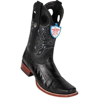 Wild West Black Genuine Ostrich Leg Rubber Sole Wide Square Toe Cowboy Boots 28180505