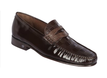 Lombardy Brown Genuine Lizard / Leather Check Pattern Penny Loafer Shoes ZLA038607.