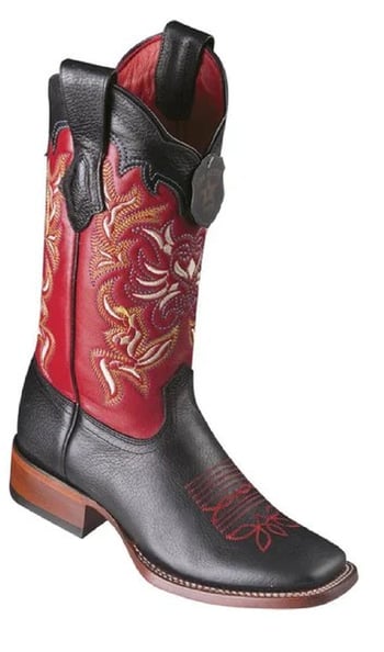 Los Altos Women's Black / Red Genuine Teju Leather Wide Square Toe Cowgirl Boots 3222705