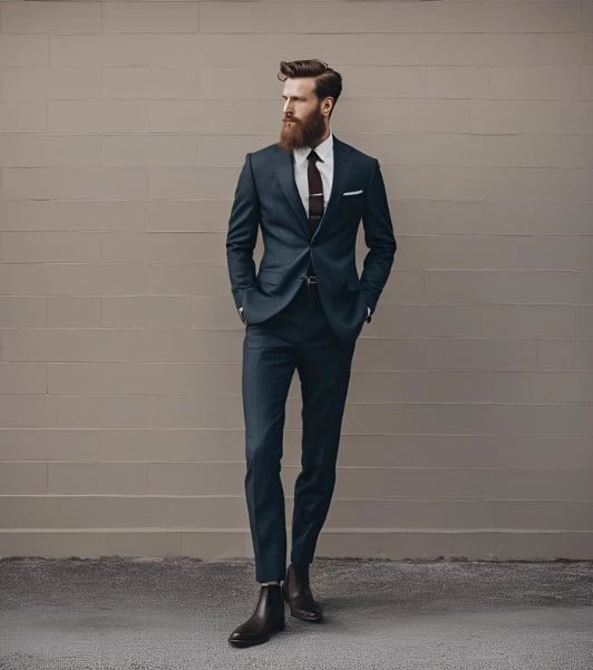 a man on chelsea boot and suit