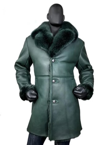 G-Gator 7400 Green Genuine Sheepskin Shearling Fox Fur Collar Trench Coat