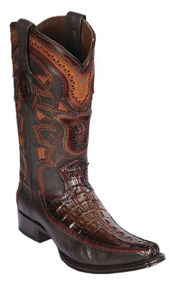 Los Altos  Faded Brown Genuine Caiman Tail and Deer European Square Toe Cowboy Boots 76F0116