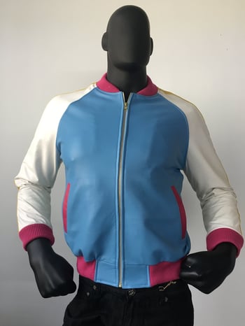 G-Gator 1095 Genuine Lambskin & Suede Baseball Jacket with Leather Stripes — Blue/Green/White/Pink