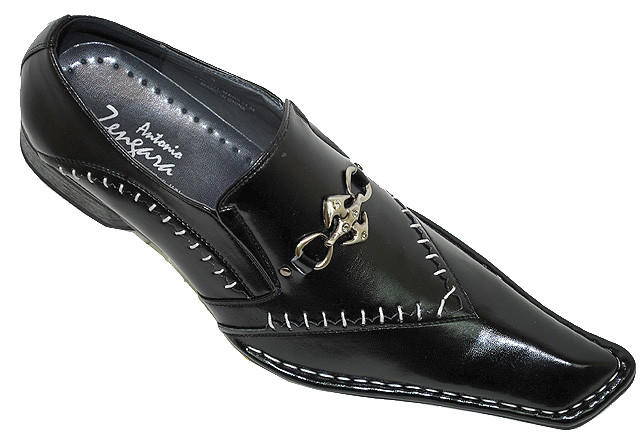 Antonio Zengara Black Diagonal Toe Leather Shoes with White Stitching