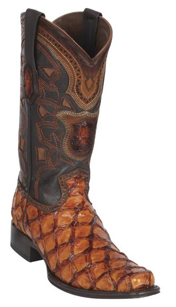 Los Altos Cognac Genuine Pirarucu Leather European Square Toe Cowboy Boots 761003