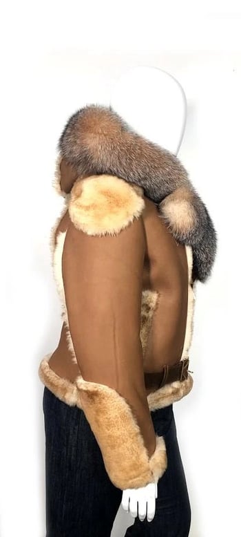 G-Gator Ladies Genuine Sheepskin Shearling / Crystal Fox Fur Motorcycle Jacket 1025.