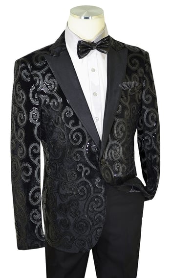 Cielo B6197 Black Sequined Velvet & Satin Modern Fit Blazer