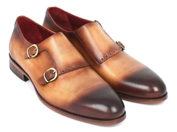 Paul Parkman ''HT54-CML'' Brown / Two Tone Genuine Leather Cap Toe Monkstraps Shoes.