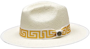 Bruno Capelo White / Gold Greek Key Banded Flat Brim Straw Fedora Hat VA-405