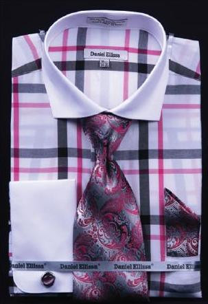 Daniel Ellissa White / Fuchsia Windowpanes Shirt / Tie / Hanky Set With Free Cufflinks DS3771P2