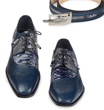 Mauri "Aspide" 4694 Navy Genuine Pebble Grain Calf / Blue Python Hand-Painted Dress Shoes