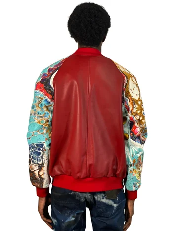 G- Gator 1011 Red Genuine Lambskin Leather Baseball Jacket Digital Print Sleeves