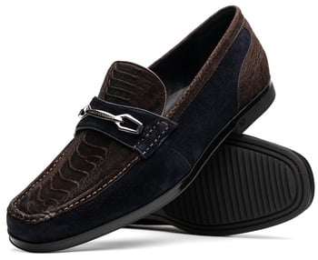 Marco Di Milano Hugo Brown / Navy Hand-stitched Sueded Ostrich Leg Loafer.
