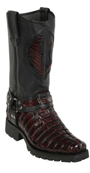 Los Altos Black Cherry Genuine Caiman Tail Motorcycle Square Toe Cowboy Boots 55T0118