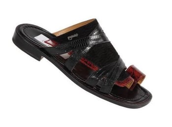 Mauri Black / Ruby Red Genuine Pony Hair / Lizard Slip On Sandals.