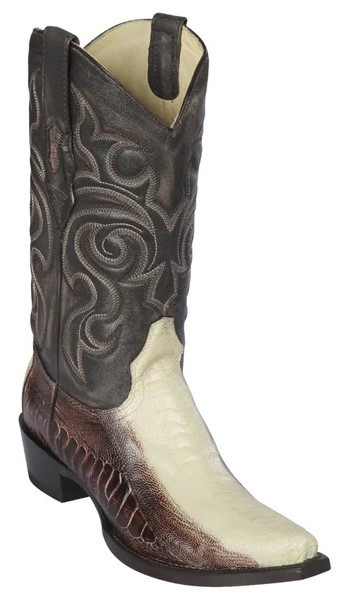 Los Altos Winterwhite / Brown Genuine Ostrich Leg Snip Toe Cowboy Boots 940577