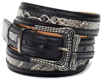 Mauri Black Genuine Pebble Grain Calf / Grey Python Hand-Painted Belt With Buckle AB50.