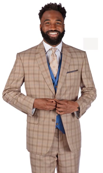 Steve Harvey Taupe / Cobalt Blue Plaid Vested Classic Fit Suit 219707SHS