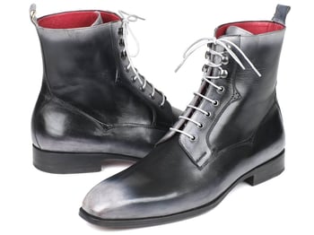 Paul Parkman ''BT535-GRY" Burnished Grey Genuine Hand-Painted Calfskin Leather Lace-Up Boots.