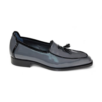 Duca Di Matiste "Fano" Grey / Black Genuine Italian Patent Leather Tassel Loafer Shoes.