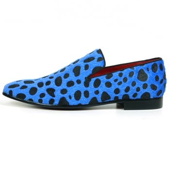 Fiesso Black / Blue Leopard Print Pony Hair Slip On Loafer FI7532.